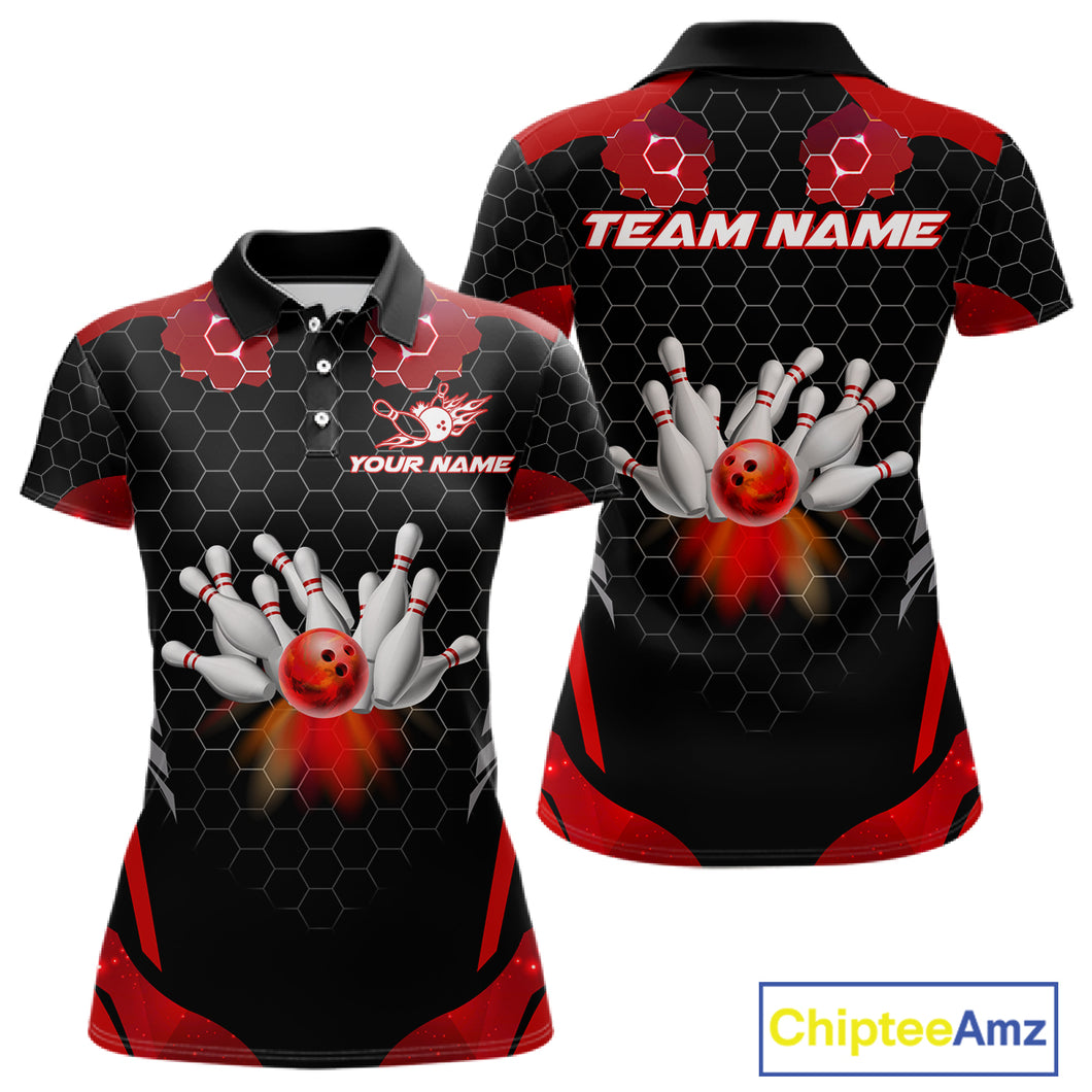 Black and Red Hexagon pattern Bowling Shirts For Women custom bowling team jersey with name NQS11020