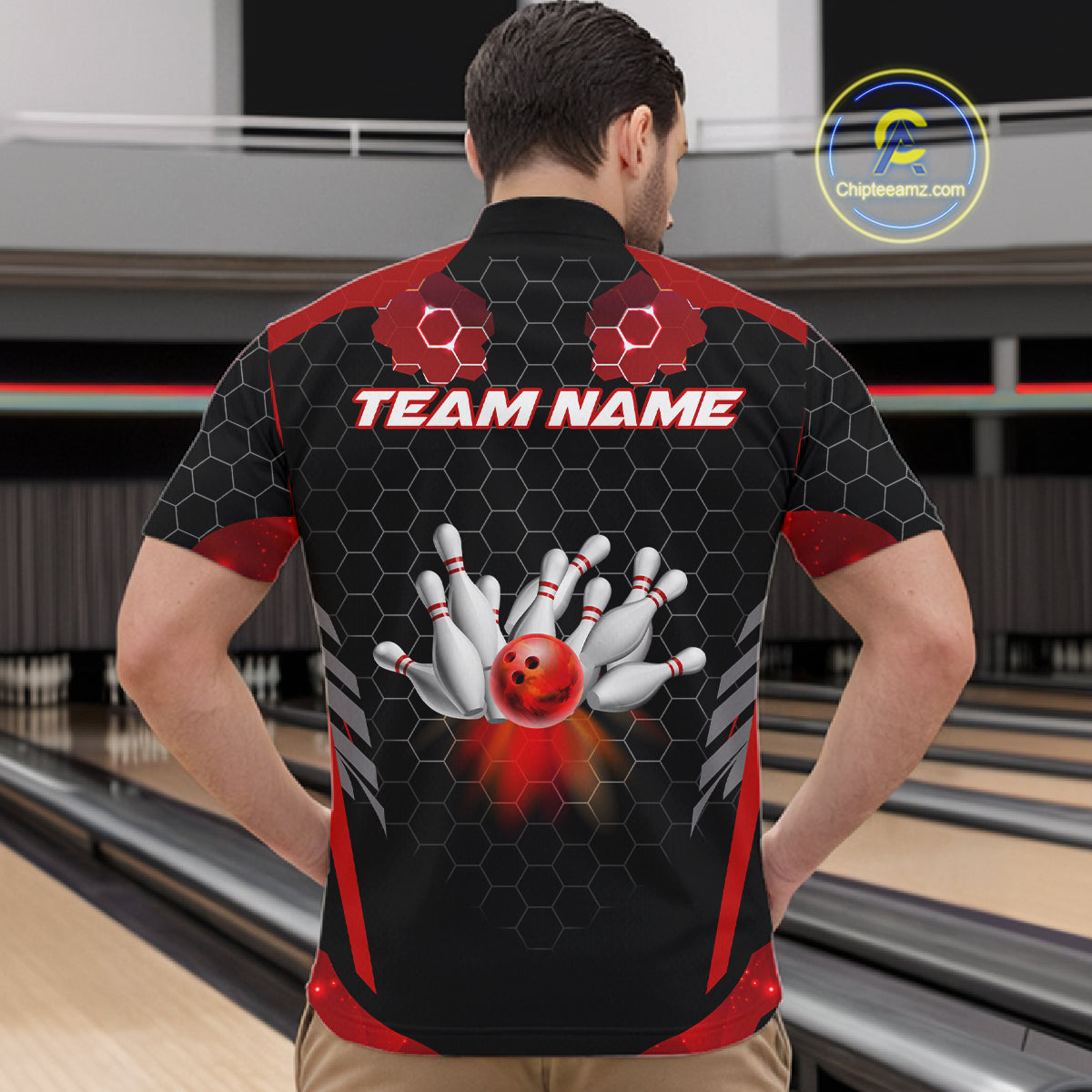 Black and Red Hexagon pattern Bowling Shirts For Men custom bowling team jersey with name NQS11020
