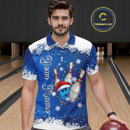 Blue and White snowflake Christmas Bowling Shirts For Men custom Xmas bowling team jersey with name NQS11026