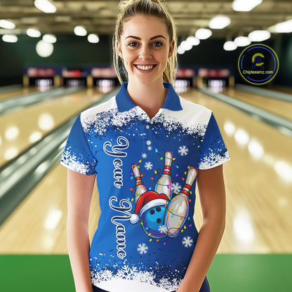 Blue and White snowflake Christmas Bowling Shirts For Women custom Xmas bowling team jersey with name NQS11026