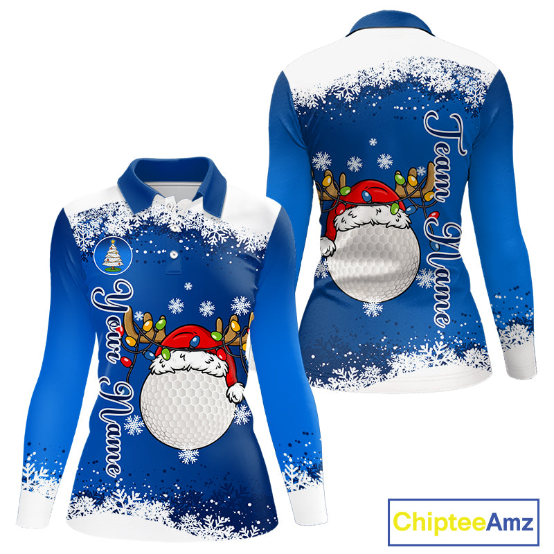Blue and White Christmas Golf Polo shirts For women Custom ladies golf tops, Xmas golf gifts NQS11027