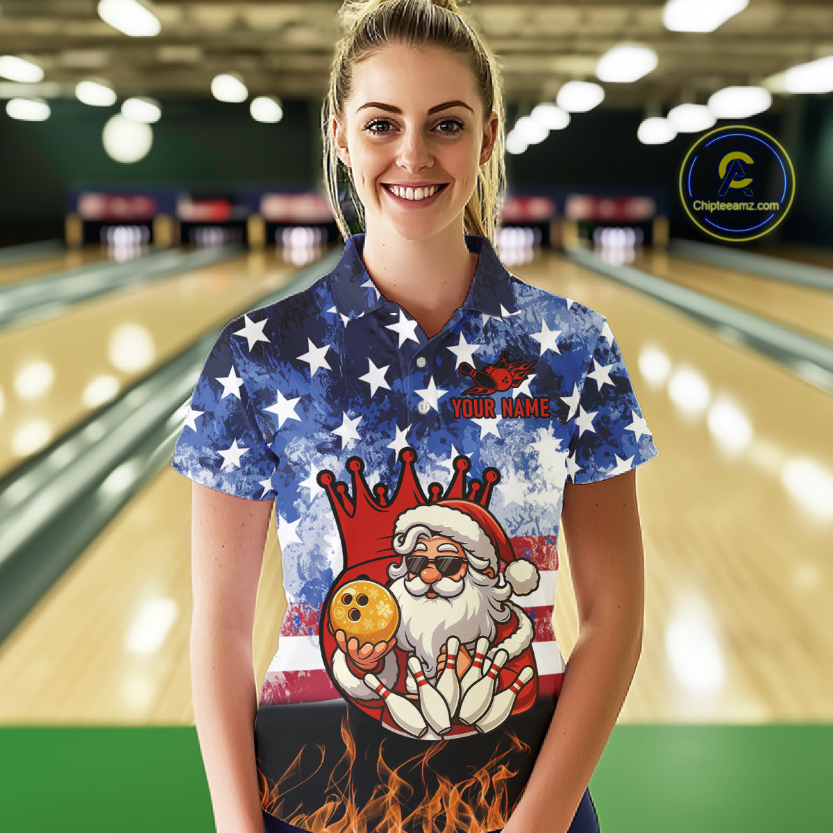 Custom American Flag Flame Funny Santa Christmas Bowling Shirts For Women, Bowling Team Jersey NQS11040