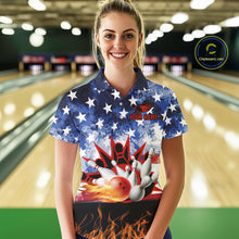 Load image into Gallery viewer, Custom American Flag Flame Bowling Polo, Quarter Zip Shirts For Women, Patriotic Bowling Team Jersey NQS11041