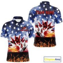 Load image into Gallery viewer, Custom American Flag Flame Bowling Polo, Quarter Zip Shirts For Men, Patriotic Bowling Team Jersey NQS11041