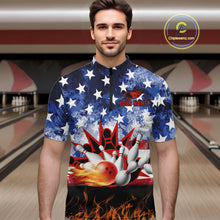 Load image into Gallery viewer, Custom American Flag Flame Bowling Polo, Quarter Zip Shirts For Men, Patriotic Bowling Team Jersey NQS11041