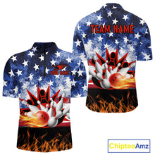 Load image into Gallery viewer, Custom American Flag Flame Bowling Polo, Quarter Zip Shirts For Men, Patriotic Bowling Team Jersey NQS11041