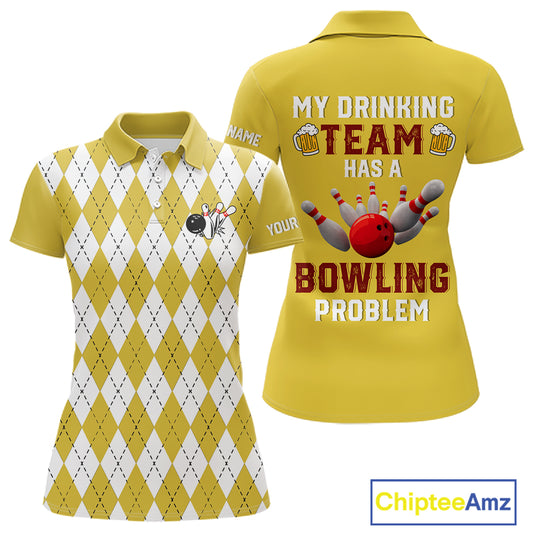 Yellow argyle pattern Beer Bowling Shirts For Women Custom My drinking team has a bowling problem NQS10862