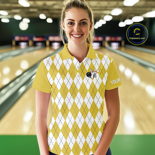 Yellow argyle pattern Beer Bowling Shirts For Women Custom My drinking team has a bowling problem NQS10862