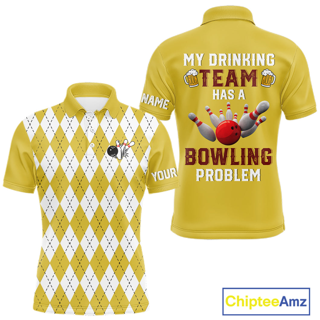 Yellow argyle pattern Beer Bowling Shirts For Men Custom My drinking team has a bowling problem NQS10862