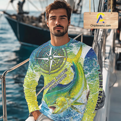 Personalized Mahi Mahi Fishing Shirts Green Scales Compass Performance Tournament Mahi Mahi Jerseys NQS11441