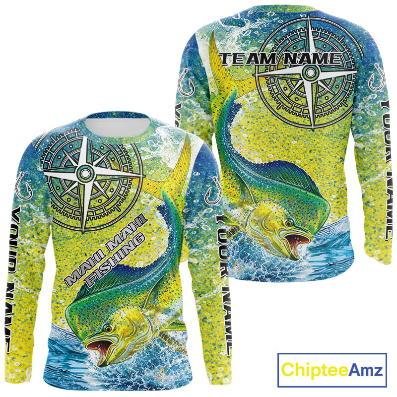 Personalized Mahi Mahi Fishing Shirts Green Scales Compass Performance Tournament Mahi Mahi Jerseys NQS11441