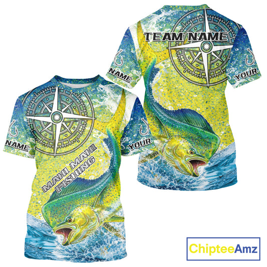 Personalized Mahi Mahi Fishing Shirts Green Scales Compass Performance Tournament Mahi Mahi Jerseys NQS11441