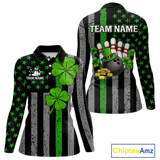 Custom Black Grunge US Flag Patriotic Bowling Shirt For Women Green Shamrock St Patrick Team Jersey NQS11447