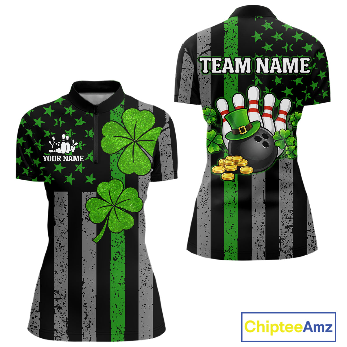 Custom Black Grunge US Flag Patriotic Bowling Shirt For Women Green Shamrock St Patrick Team Jersey NQS11447