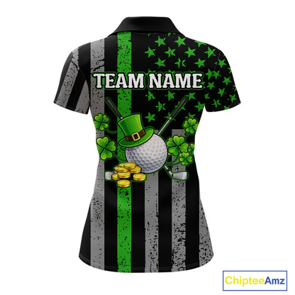 Custom Black Grunge US Flag Patriotic Golf Polo shirt for Women Green Shamrock St Patrick Team Jersey NQS11448