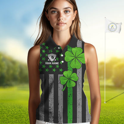Custom Black Grunge US Flag Patriotic Sleeveless Polo shirts Green Shamrock St Patrick Golf Jersey NQS11448