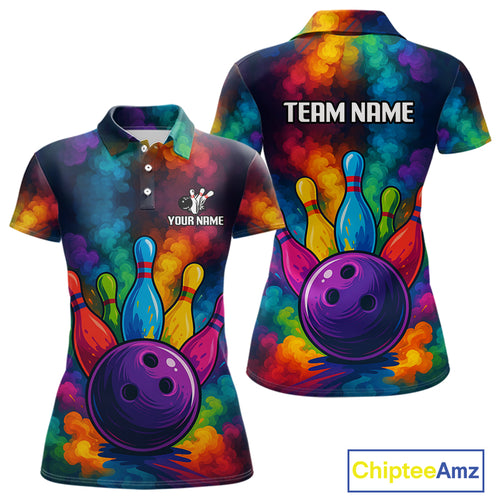 Colorful smoke Bowling Polo, Quarter Zip Shirt for Women Custom Bowling Team shirts for bowlers NQS10646