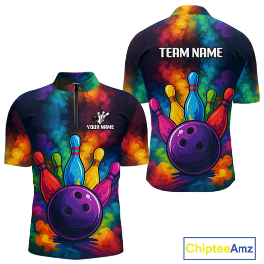 Colorful smoke Bowling Polo, Quarter Zip Shirt for Men Custom Bowling Team shirts for bowlers NQS10646