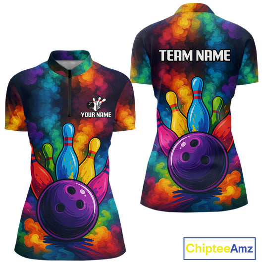 Colorful smoke Bowling Polo, Quarter Zip Shirt for Women Custom Bowling Team shirts for bowlers NQS10646