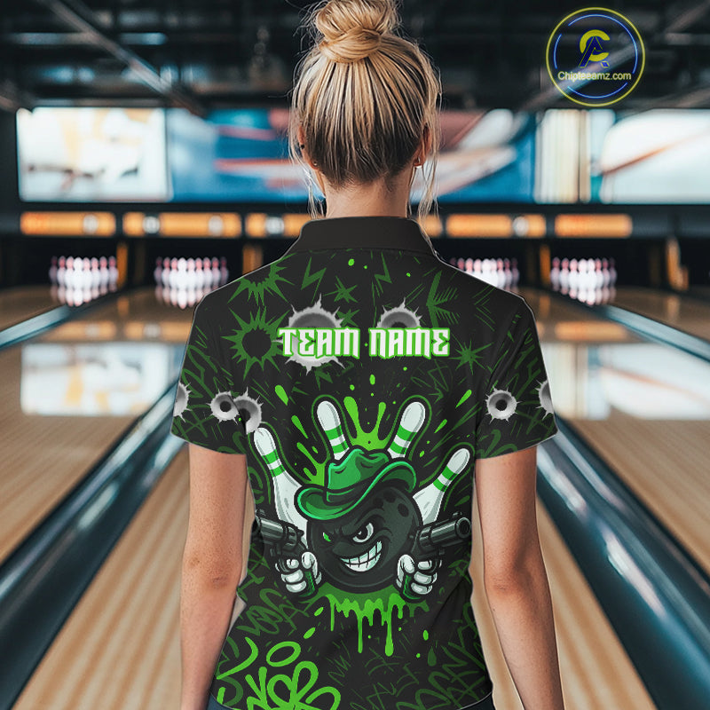Funny Black and Green Bowling Cowboy gun Women bowling polo, 1/4 zip shirt Custom bowling team jersey NQS10658
