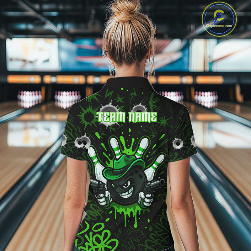Funny Black and Green Bowling Cowboy gun Women bowling polo, 1/4 zip shirt Custom bowling team jersey NQS10658