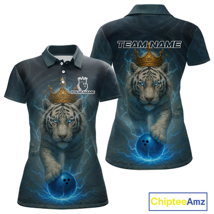 Blue Lightning Thunder Crown White Tiger Bowling Shirts For Women Custom Team Tiger Bowling Jerseys NQS10885