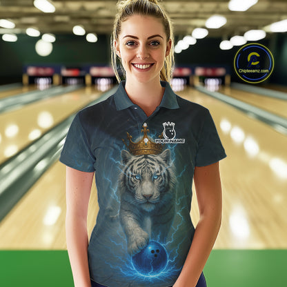 Blue Lightning Thunder Crown White Tiger Bowling Shirts For Women Custom Team Tiger Bowling Jerseys NQS10885