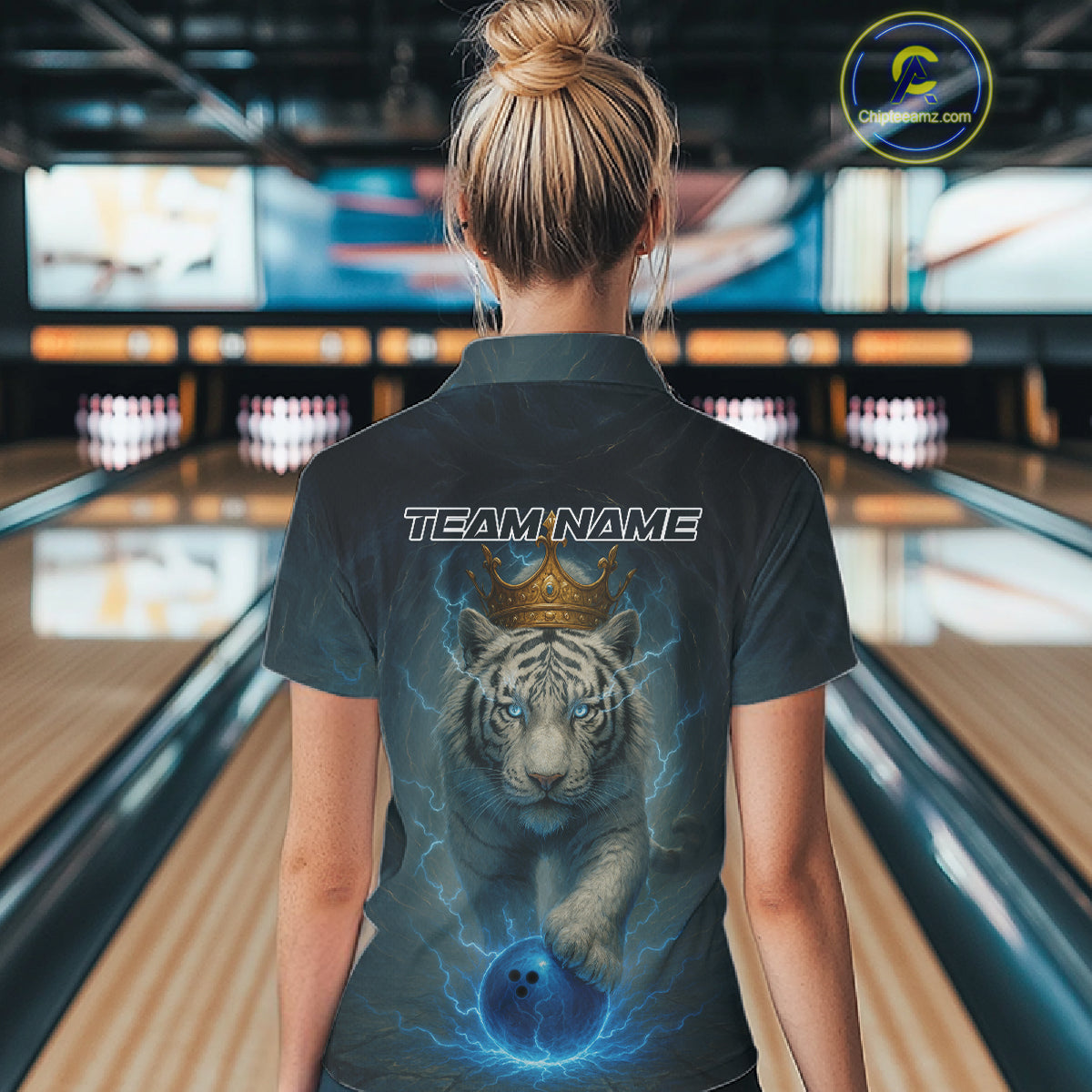 Blue Lightning Thunder Crown White Tiger Bowling Shirts For Women Custom Team Tiger Bowling Jerseys NQS10885