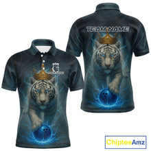Load image into Gallery viewer, Blue Lightning Thunder Crown White Tiger Bowling Shirts For Men Custom Team Tiger Bowling Jerseys NQS10885