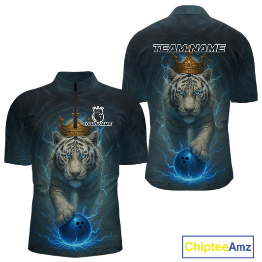 Blue Lightning Thunder Crown White Tiger Bowling Shirts For Men Custom Team Tiger Bowling Jerseys NQS10885