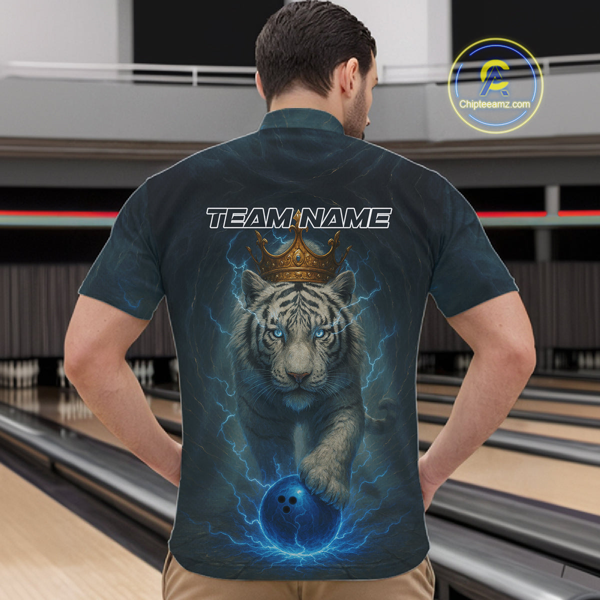 Blue Lightning Thunder Crown White Tiger Bowling Shirts For Men Custom Team Tiger Bowling Jerseys NQS10885