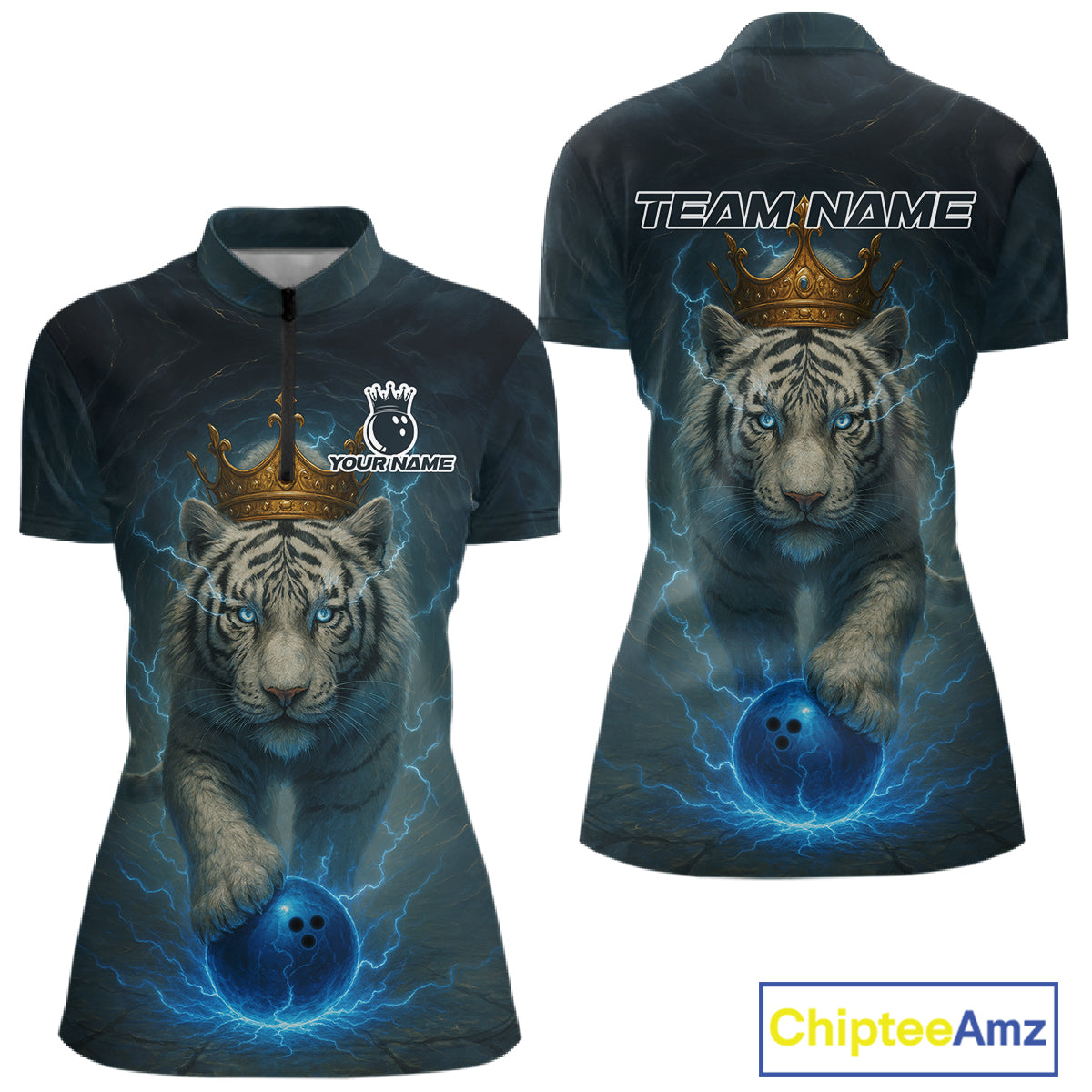Blue Lightning Thunder Crown White Tiger Bowling Shirts For Women Custom Team Tiger Bowling Jerseys NQS10885