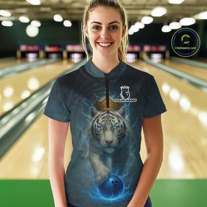 Blue Lightning Thunder Crown White Tiger Bowling Shirts For Women Custom Team Tiger Bowling Jerseys NQS10885