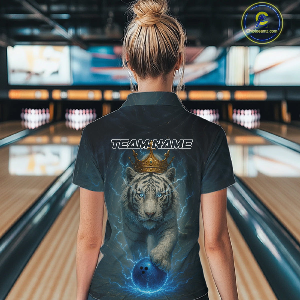 Blue Lightning Thunder Crown White Tiger Bowling Shirts For Women Custom Team Tiger Bowling Jerseys NQS10885