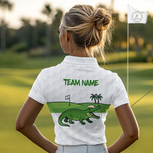 Load image into Gallery viewer, White and Green Funny Alligator Golf Polo Shirts For Women custom ladies golf outfit, golfing gifts NQS10886
