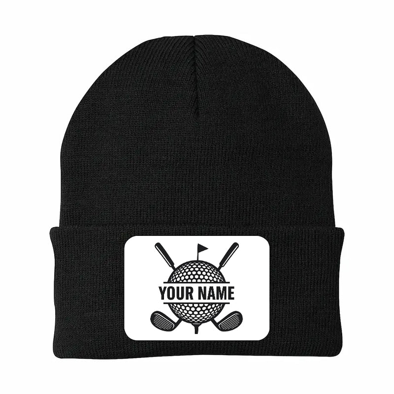 Personalized Golf Knit Beanie Hat, Custom Rectangle Patch Golf Beanie Hat, cool golf gifts NQS10887