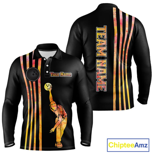 Personalized Watercolor Stripes Retro Bowling Team Shirts For Men, Black Bowling Attire For Men NQS11652