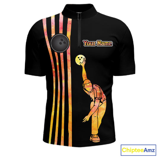 Personalized Watercolor Stripes Retro Bowling Team Shirts For Men, Black Bowling Attire For Men NQS11652