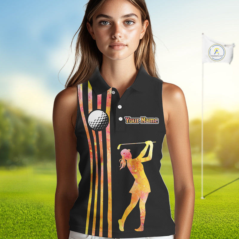 Personalized Watercolor Stripes Sleeveless Golf Polo Shirts For Women, Black Team Ladies Golf Attire NQS11651