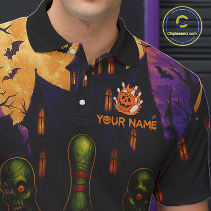 Funny Pumpkin Halloween Bowling Polo, Quarter Zip Shirts For Men Custom Bowling Team Jersey NQS10668