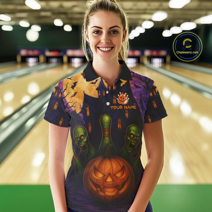 Funny Pumpkin Halloween Bowling Polo, Quarter Zip Shirts For Women Custom Bowling Team Jersey NQS10668