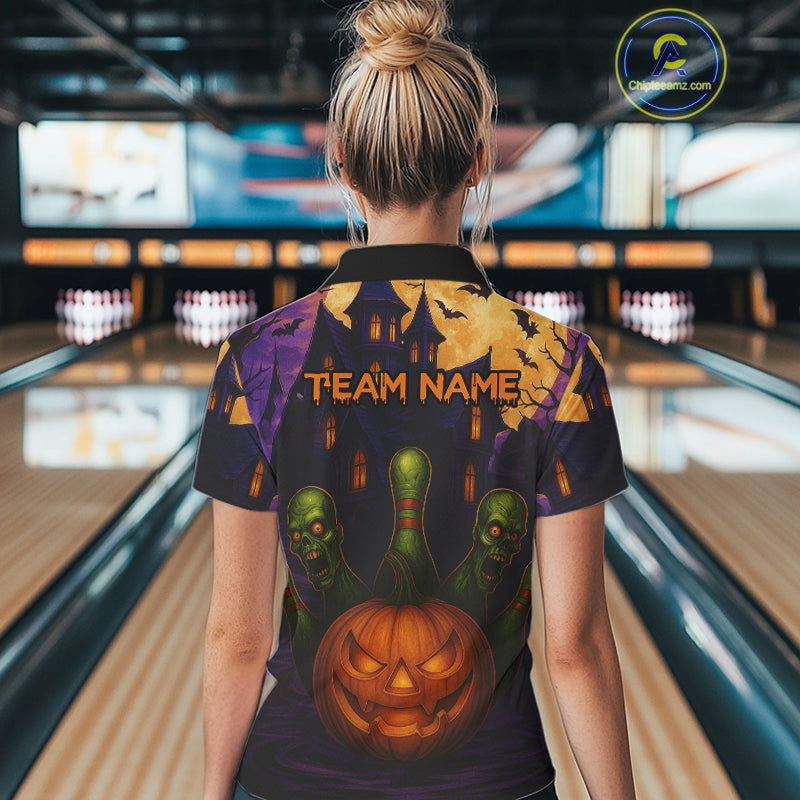 Funny Pumpkin Halloween Bowling Polo, Quarter Zip Shirts For Women Custom Bowling Team Jersey NQS10668