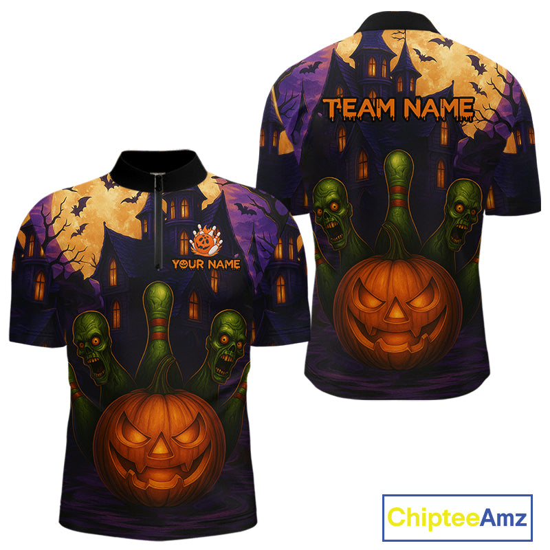Funny Pumpkin Halloween Bowling Polo, Quarter Zip Shirts For Men Custom Bowling Team Jersey NQS10668