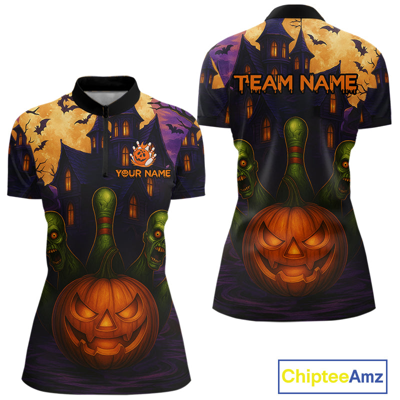Funny Pumpkin Halloween Bowling Polo, Quarter Zip Shirts For Women Custom Bowling Team Jersey NQS10668