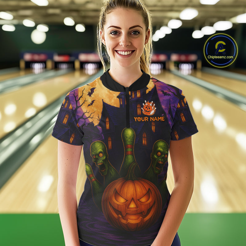 Funny Pumpkin Halloween Bowling Polo, Quarter Zip Shirts For Women Custom Bowling Team Jersey NQS10668