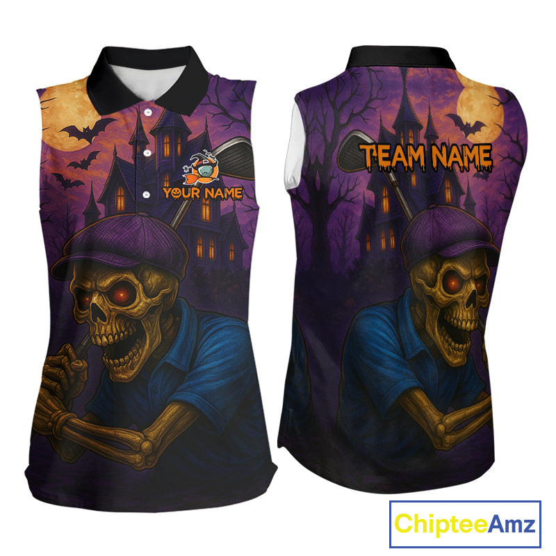 Funny Skull Halloween Sleeveless Golf Polo Shirts For Women Custom Halloween ladies golf top NQS10669
