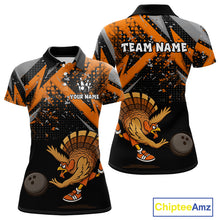 Load image into Gallery viewer, Custom Funny Turkey Bowling Jersey Black &amp; Orange Thanksgiving Bowling Team Women Polo, 1/4 Zip Shirt NQS10671