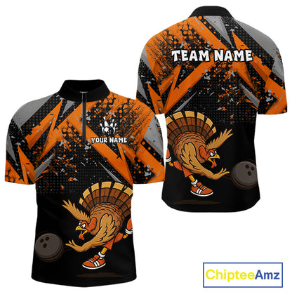 Custom Funny Turkey Bowling Jersey Black and Orange Thanksgiving Bowling Team Men Polo, 1/4 Zip Shirt NQS10671