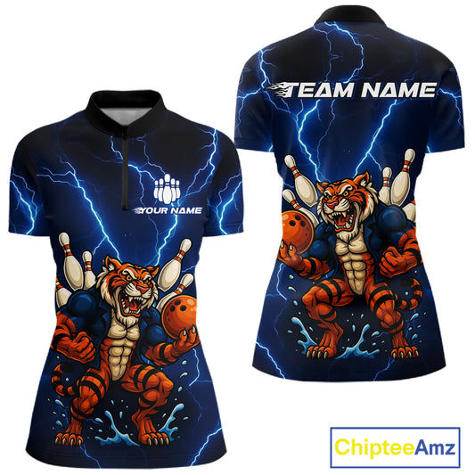 Personalized Tiger Bowling Team Shirts For Women, Blue Lightning Thunder Tiger Bowling Jerseys NQS11062