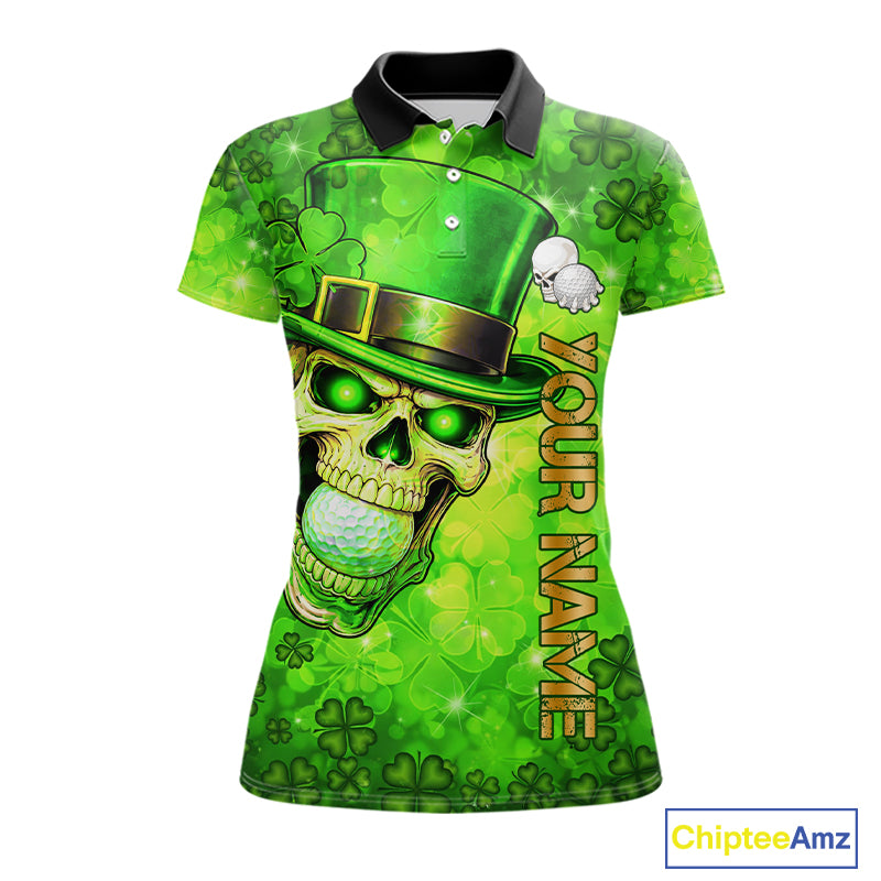 Funny Skull green shamrock pattern Golf Polo Shirts For Women Custom St Patrick's Day ladies golf top NQS11662